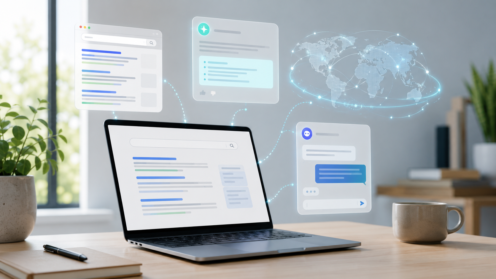 Laptop on a desk with floating search, AI answer, chat, and global network graphics representing SEO, AEO, GEO, and AI-powered discovery.